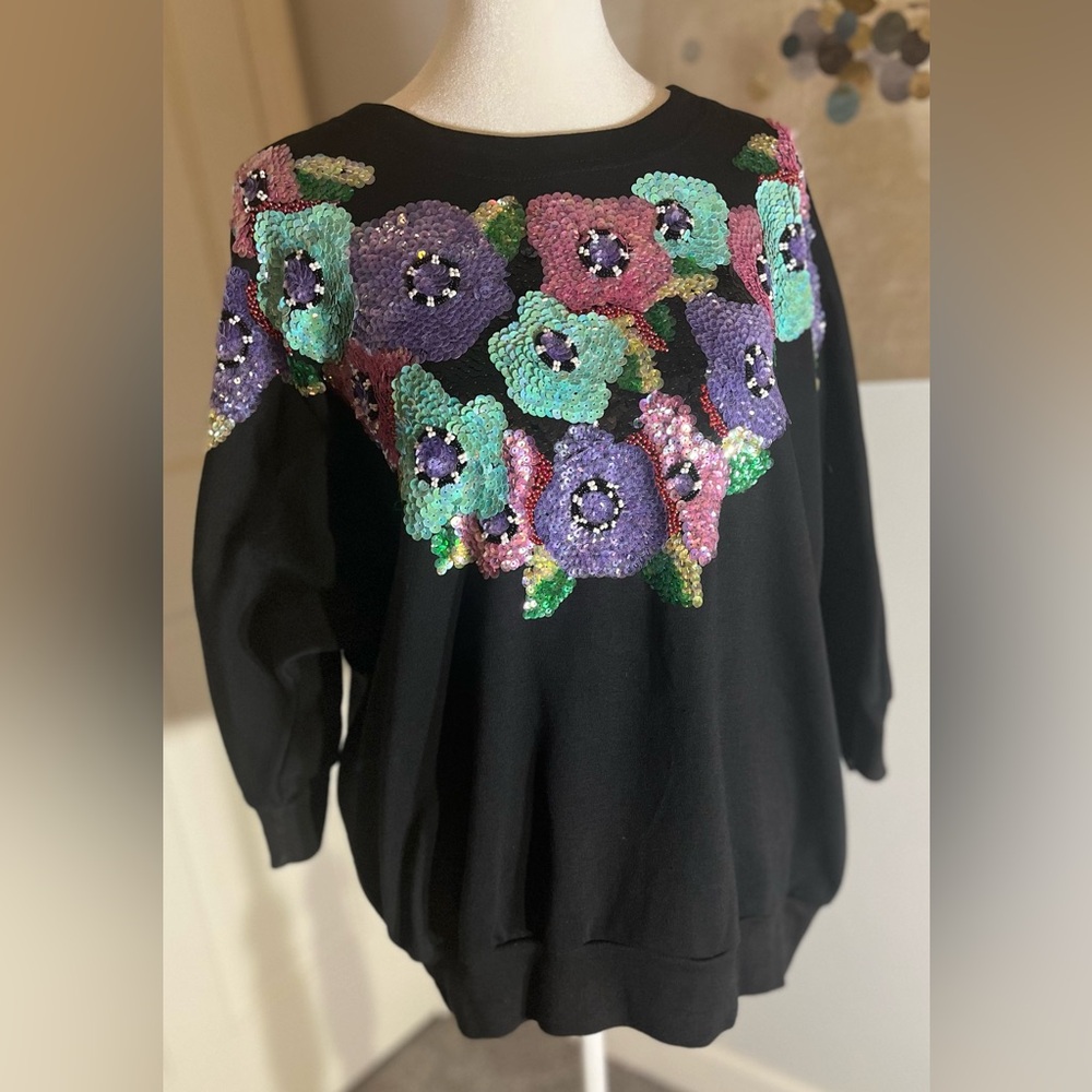 P.A. International Vintage 80s Women’s Floral Sequin Sweatshirt Sweater Medium